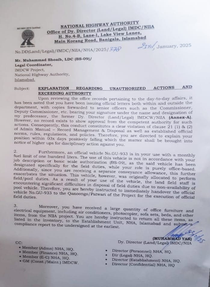 EXPLANATION REGARDING UNAUTHORIZED ACTIONS AND EXCEEDING AUTHORITY